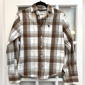Vintage Abercrombie & Fitch Brown Blue Plaid Button-Up Shirt Youth Boys Size XL